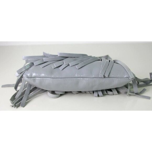 GOGO VOYAGE LIGHT GRAY PATENT GENUINE LEATHER FRINGE SLIM SHOULDER BAG HANDBAG - Picture 5 of 10